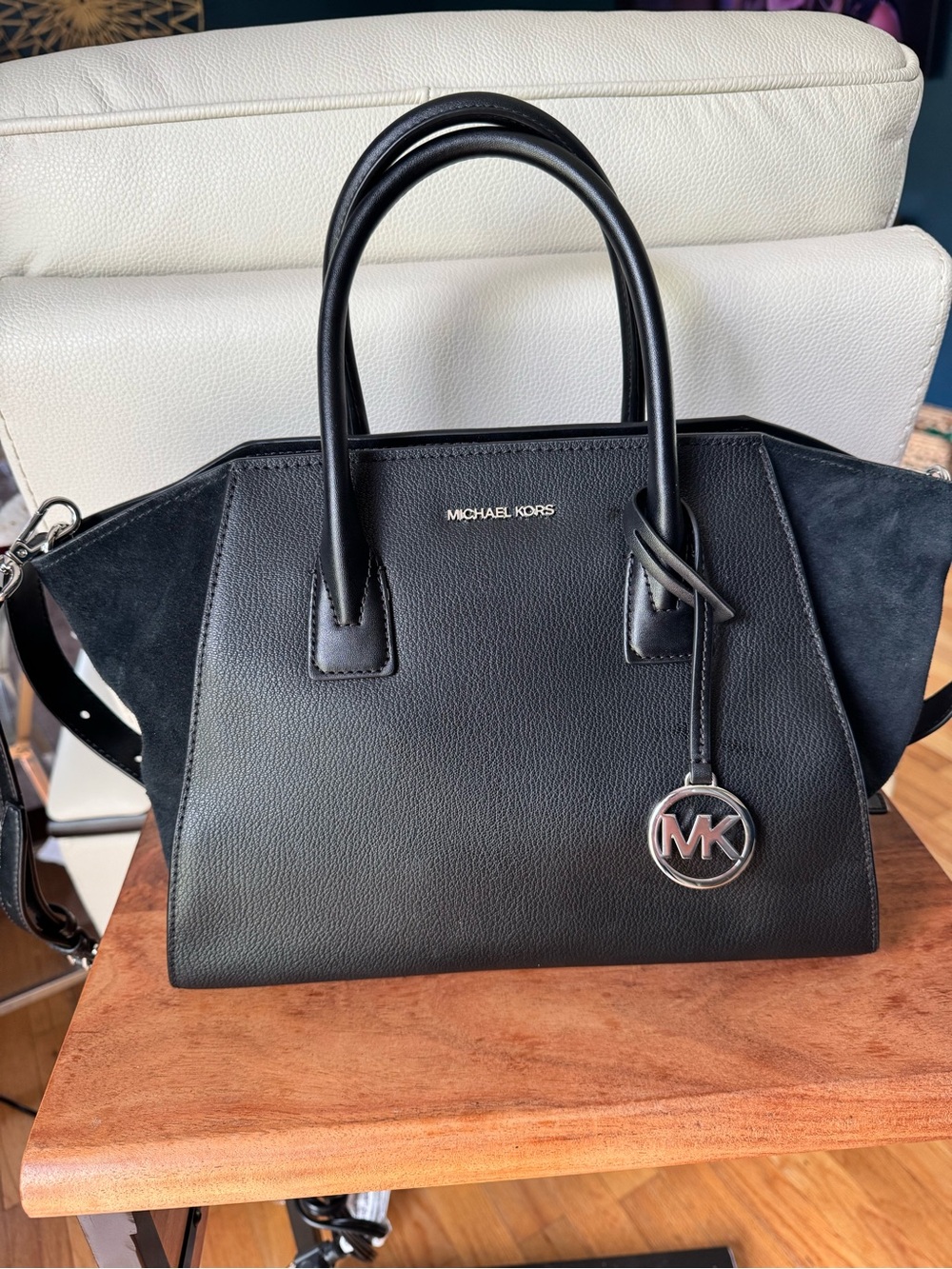 Michael Kors Black Leather and Suede Satchel with MK Charm